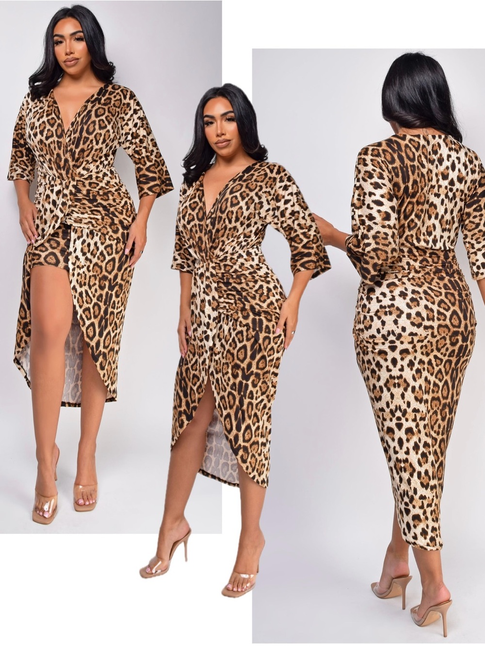 Leopard cheetah midi dress V-neckline three-quarter sleeves knotted waist Sz M